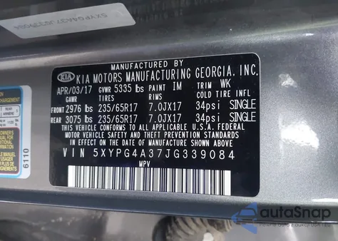 2018 Kia Sorento 2.4L Lx из США, поврежденный, VIN 5XYPG4A37JG339084